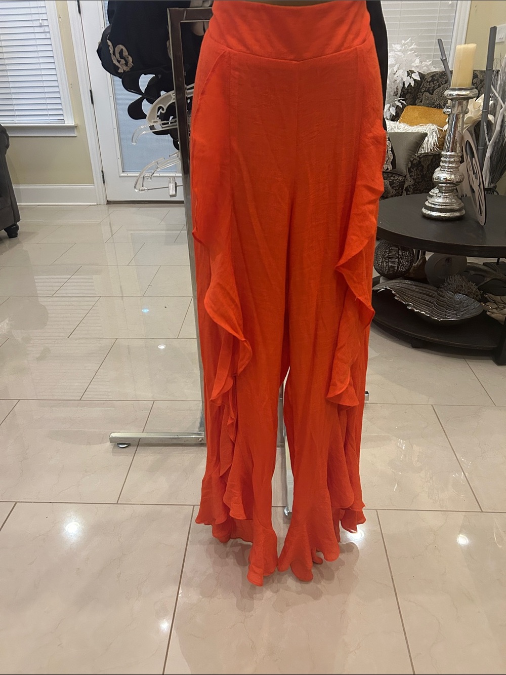 Cato Ruffle Wide-Leg Pants in Bright Orange